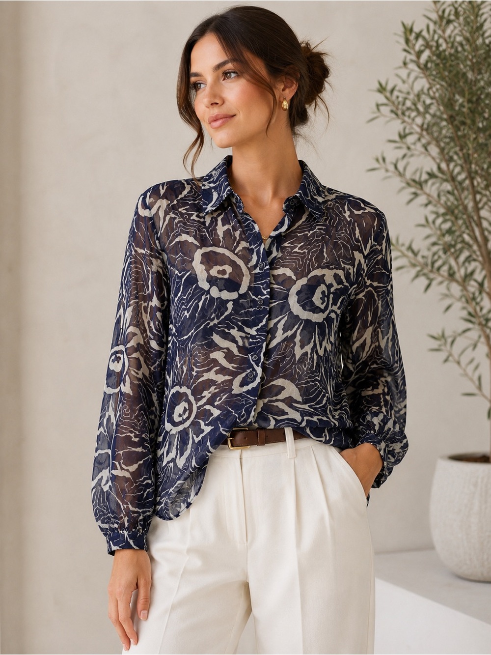 Vintage Jaeger London Sheer Navy Ivory Floral Blouse-Great Britain-Size Small